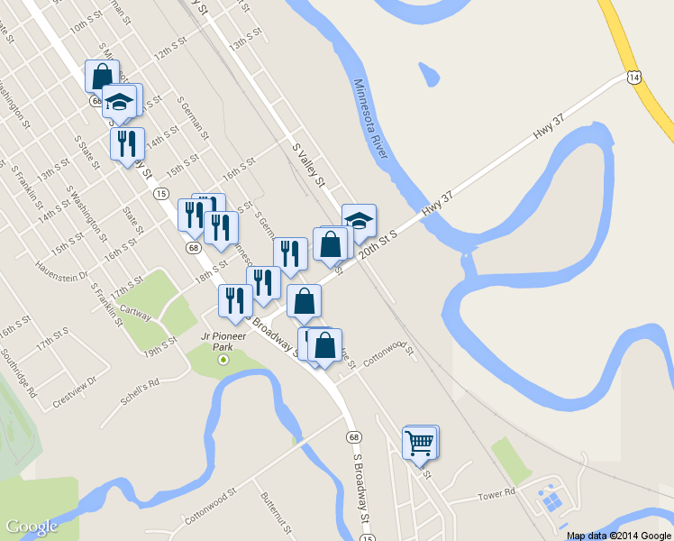 map of restaurants, bars, coffee shops, grocery stores, and more near 20th S St in New Ulm