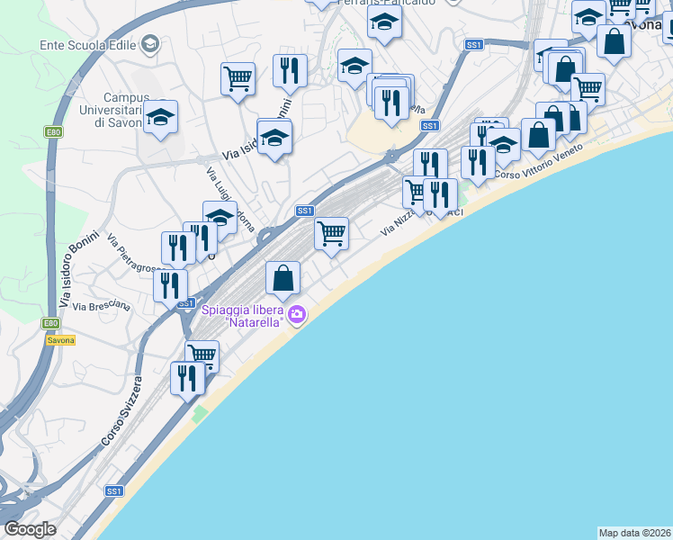map of restaurants, bars, coffee shops, grocery stores, and more near 47 R Via Nizza in Savona