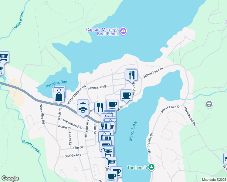 map of restaurants, bars, coffee shops, grocery stores, and more near 3 Signal Hill Road in Lake Placid