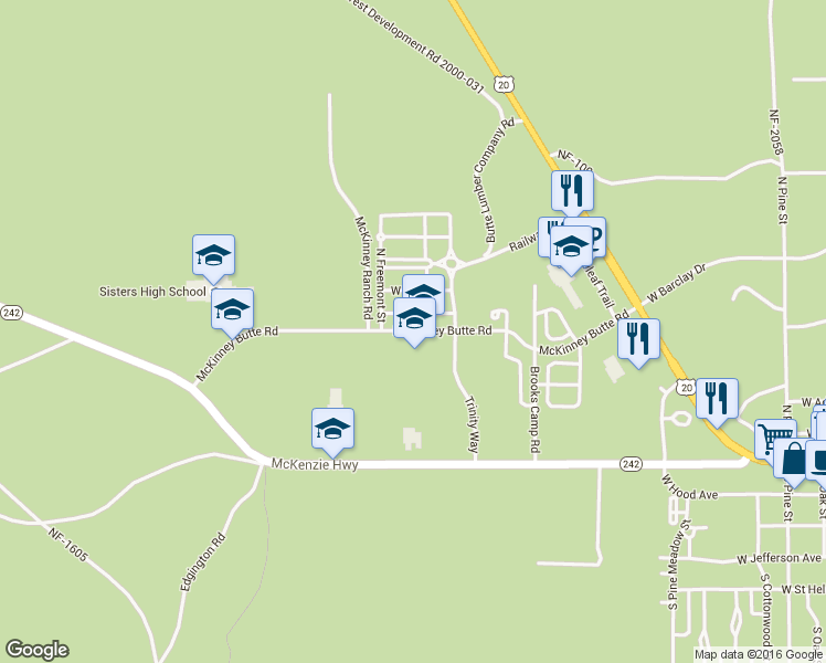 map of restaurants, bars, coffee shops, grocery stores, and more near 1700 McKinney Butte Road in Sisters