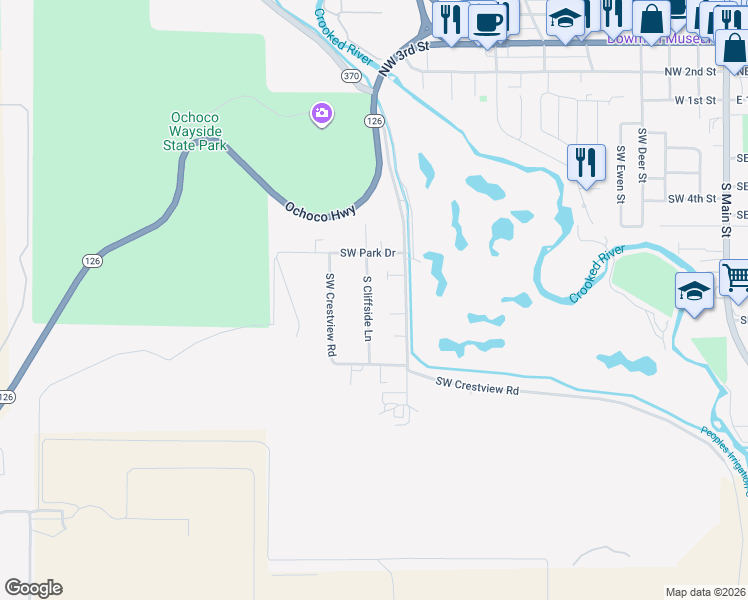 map of restaurants, bars, coffee shops, grocery stores, and more near 700 South Cliffside Lane in Prineville