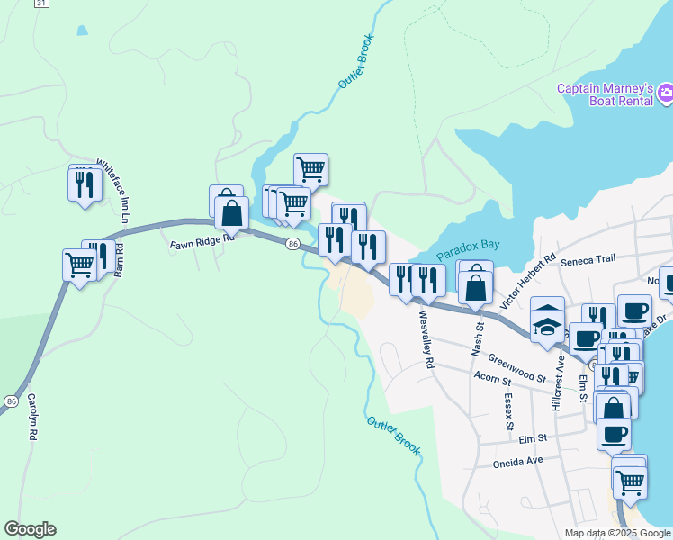 map of restaurants, bars, coffee shops, grocery stores, and more near 2090 Saranac Avenue in Lake Placid