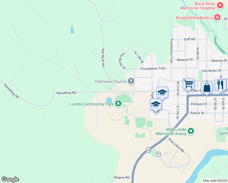 map of restaurants, bars, coffee shops, grocery stores, and more near Spaulding Road in Black River Falls