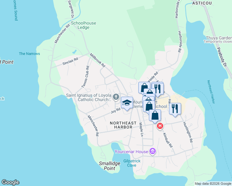 map of restaurants, bars, coffee shops, grocery stores, and more near 47 Summit Road in Mount Desert