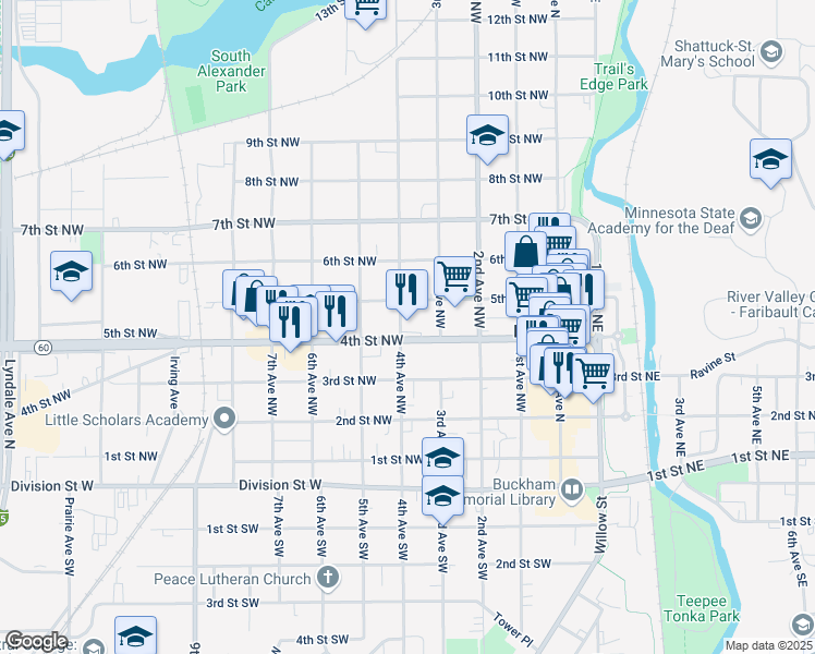 map of restaurants, bars, coffee shops, grocery stores, and more near 328 4th Street Northwest in Faribault