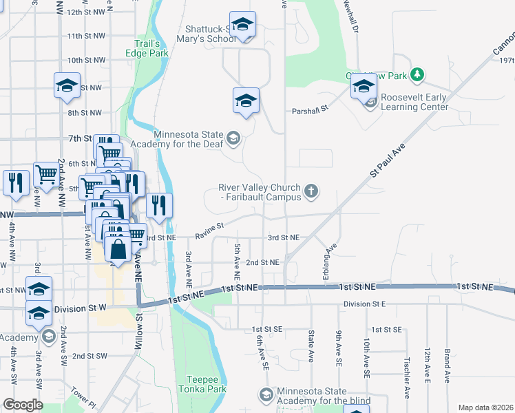 map of restaurants, bars, coffee shops, grocery stores, and more near 410 6th Avenue Northeast in Faribault