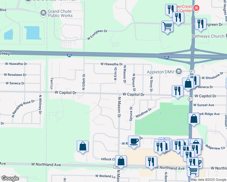 map of restaurants, bars, coffee shops, grocery stores, and more near 1320 West Capitol Drive in Appleton