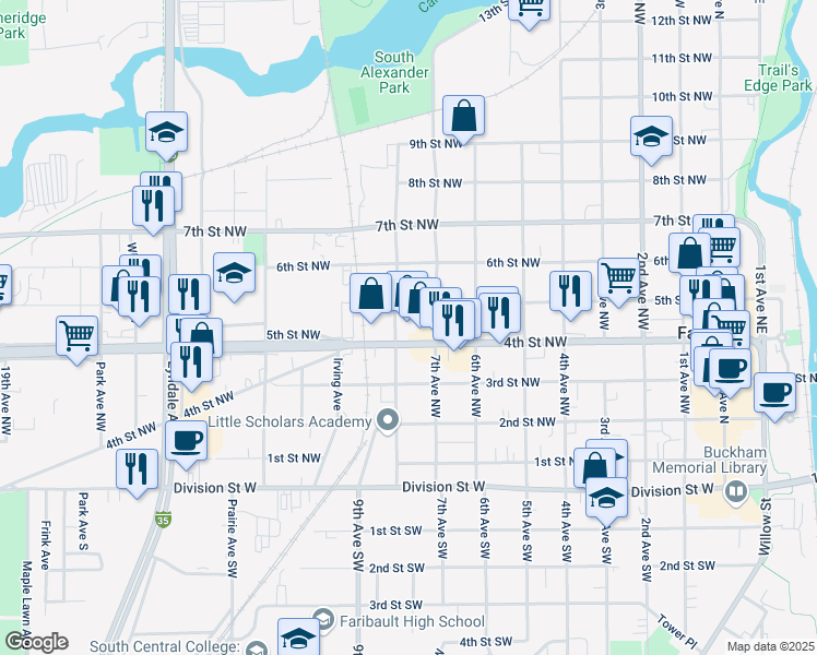 map of restaurants, bars, coffee shops, grocery stores, and more near 720 4th Street Northwest in Faribault