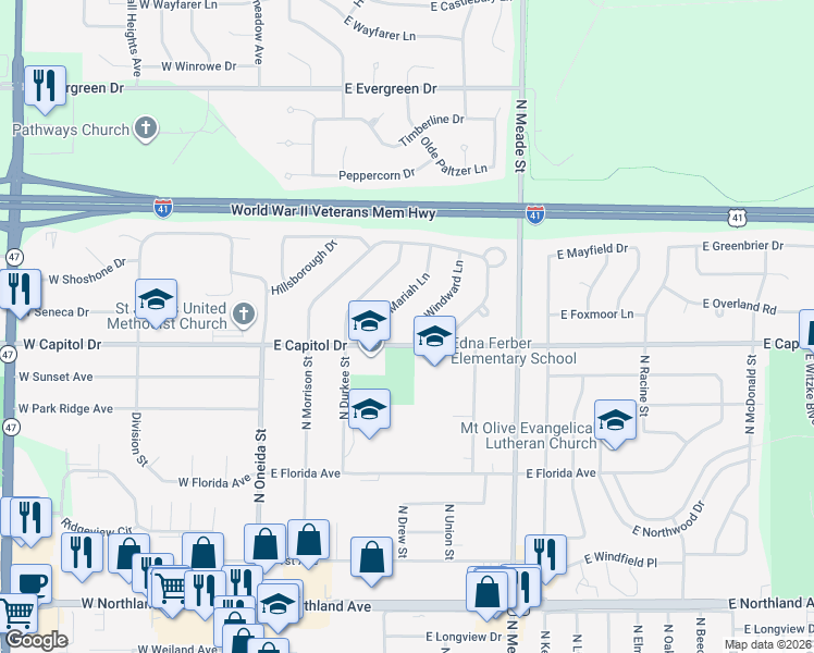 map of restaurants, bars, coffee shops, grocery stores, and more near 3400 North Windward Lane in Appleton