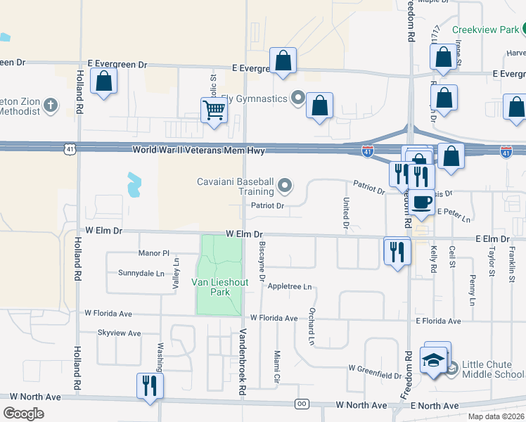 map of restaurants, bars, coffee shops, grocery stores, and more near 505 Patriot Drive in Little Chute