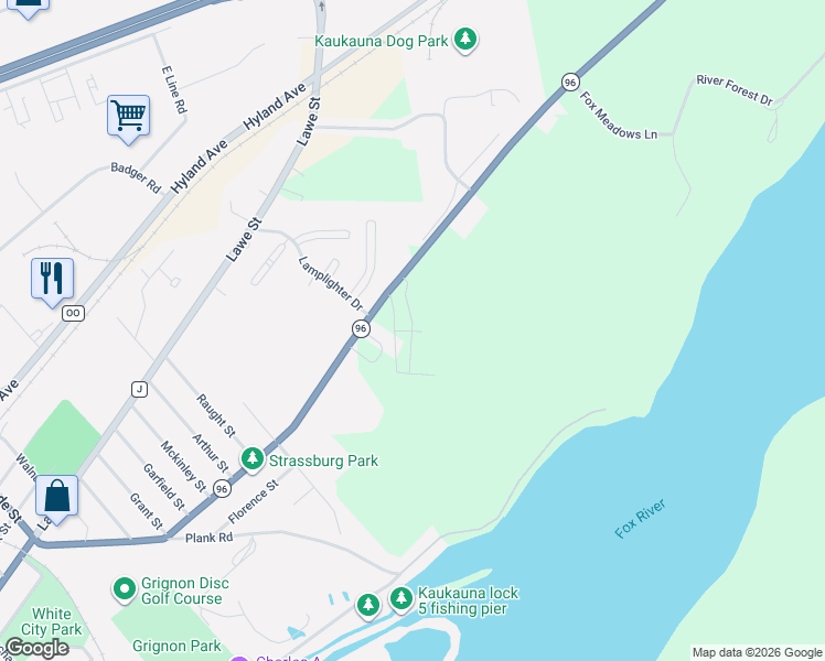 map of restaurants, bars, coffee shops, grocery stores, and more near 2101 Green Bay Road in Kaukauna
