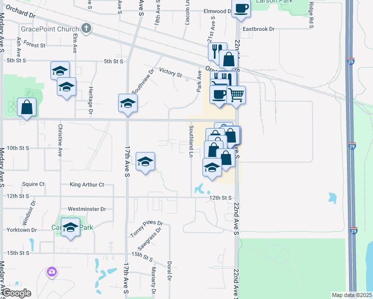 map of restaurants, bars, coffee shops, grocery stores, and more near 920 Southland Lane in Brookings