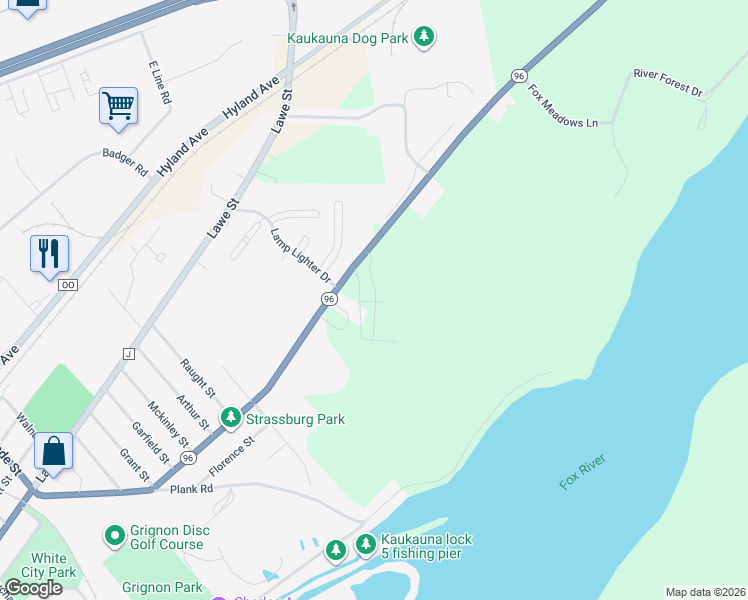 map of restaurants, bars, coffee shops, grocery stores, and more near 2200 Green Bay Road in Kaukauna