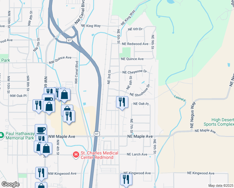 map of restaurants, bars, coffee shops, grocery stores, and more near 493 Northeast Oak Avenue in Redmond