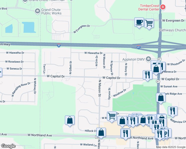 map of restaurants, bars, coffee shops, grocery stores, and more near 1320 West Capitol Drive in Appleton