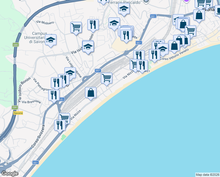 map of restaurants, bars, coffee shops, grocery stores, and more near 25 Via Nizza in Savona