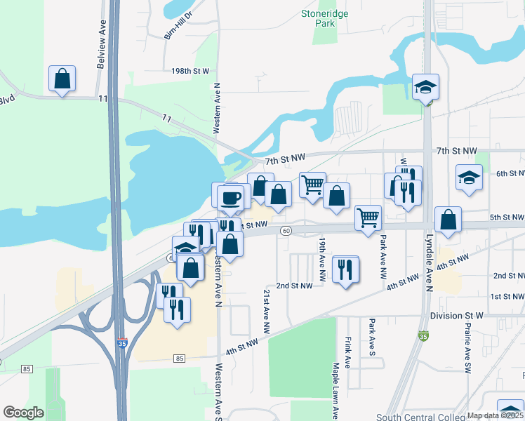 map of restaurants, bars, coffee shops, grocery stores, and more near 2100 Grant Street Northwest in Faribault