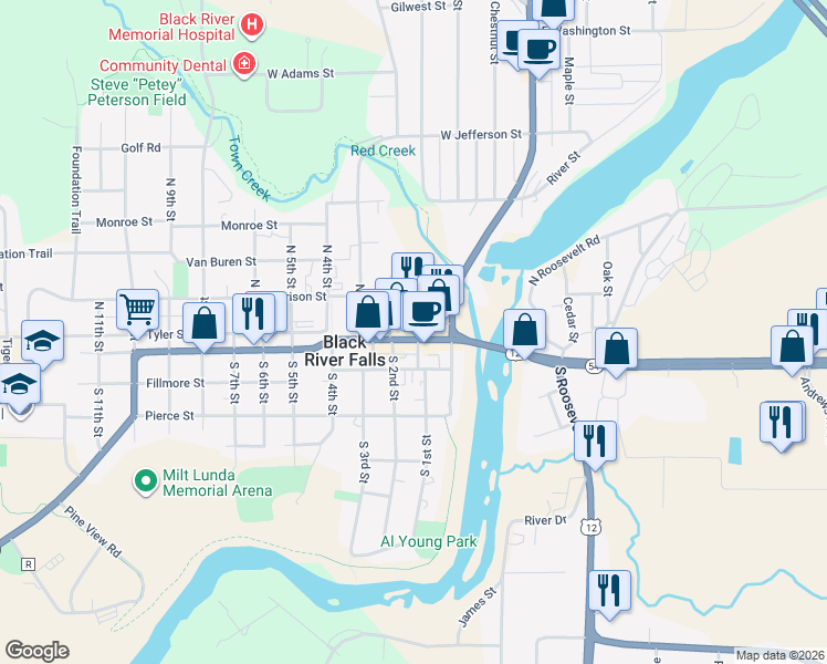 map of restaurants, bars, coffee shops, grocery stores, and more near 114 Main Street in Black River Falls