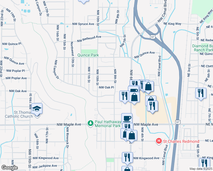 map of restaurants, bars, coffee shops, grocery stores, and more near 903 Northwest Oak Place in Redmond