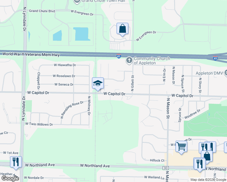 map of restaurants, bars, coffee shops, grocery stores, and more near 1787 Sanctuary Way in Appleton