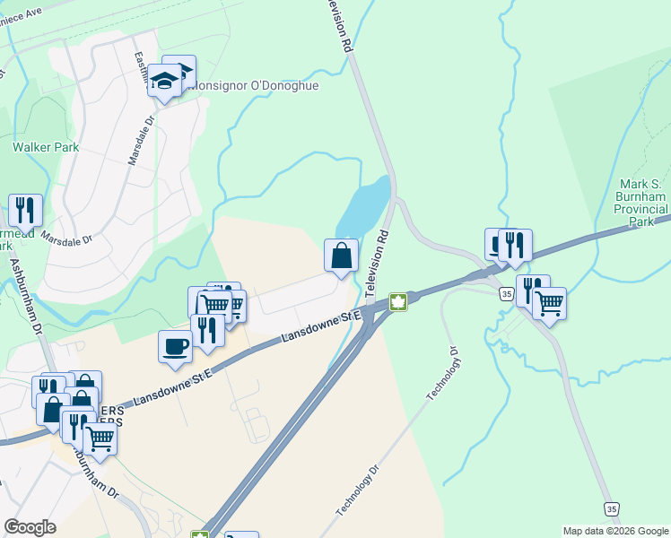 map of restaurants, bars, coffee shops, grocery stores, and more near 541 Laurie Avenue in Peterborough