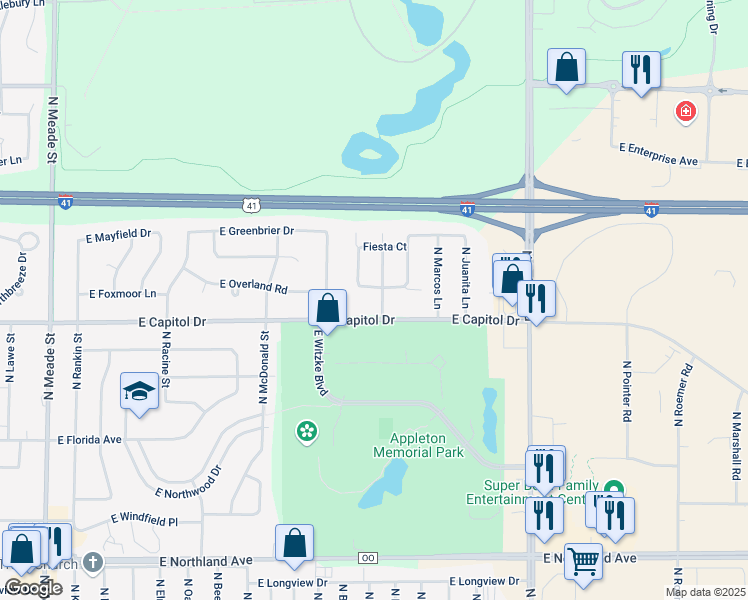 map of restaurants, bars, coffee shops, grocery stores, and more near 3401 North Fiesta Drive in Appleton