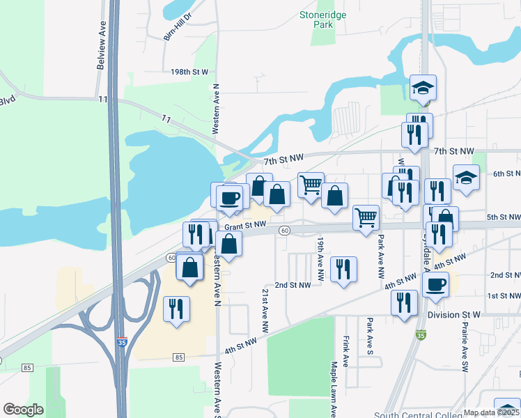 map of restaurants, bars, coffee shops, grocery stores, and more near 2100 Grant Street Northwest in Faribault