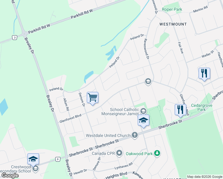 map of restaurants, bars, coffee shops, grocery stores, and more near 401 Bianco Cresent in Peterborough