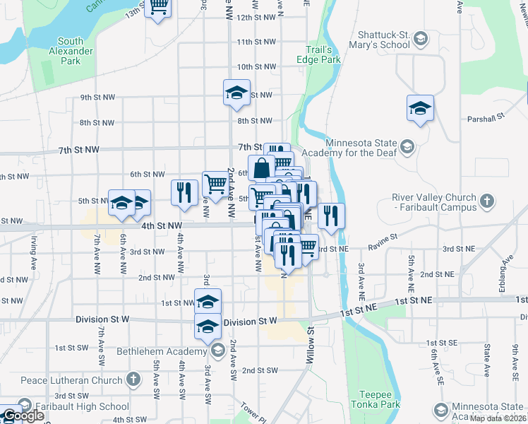 map of restaurants, bars, coffee shops, grocery stores, and more near 102 4th Street Northeast in Faribault