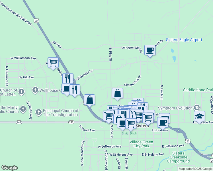 map of restaurants, bars, coffee shops, grocery stores, and more near 377 Sisters Park Drive in Sisters