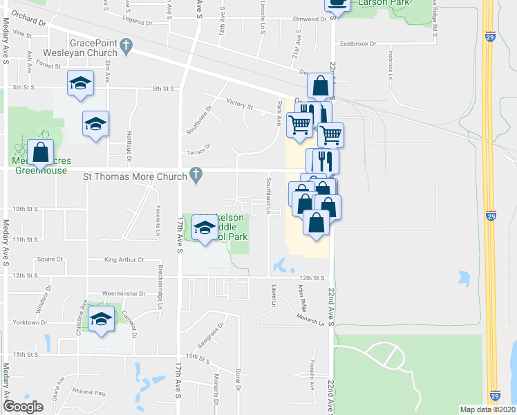 map of restaurants, bars, coffee shops, grocery stores, and more near 920 Southland Lane in Brookings