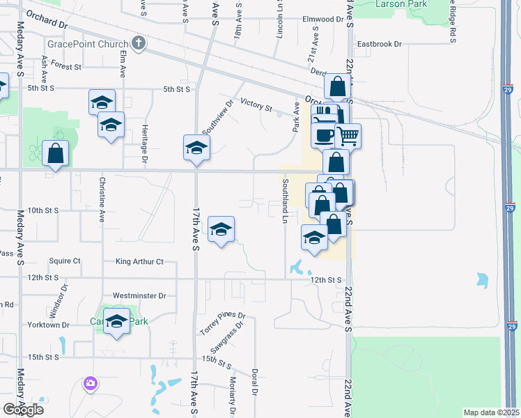 map of restaurants, bars, coffee shops, grocery stores, and more near 829 Park Avenue in Brookings
