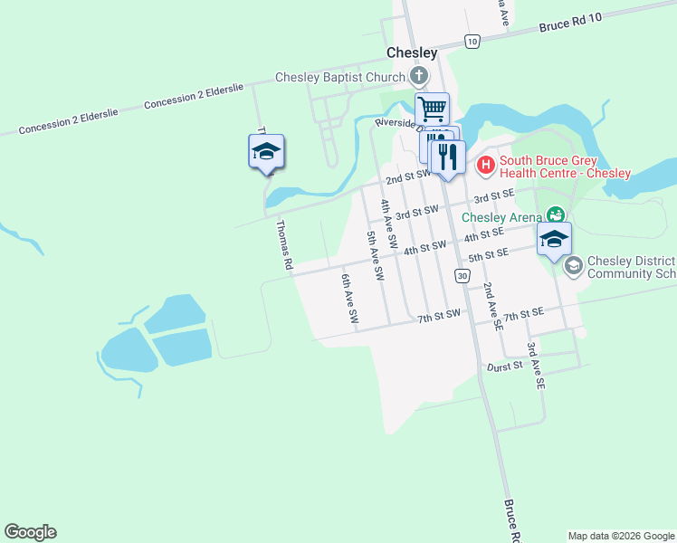 map of restaurants, bars, coffee shops, grocery stores, and more near 154 6th Avenue Southwest in Chesley