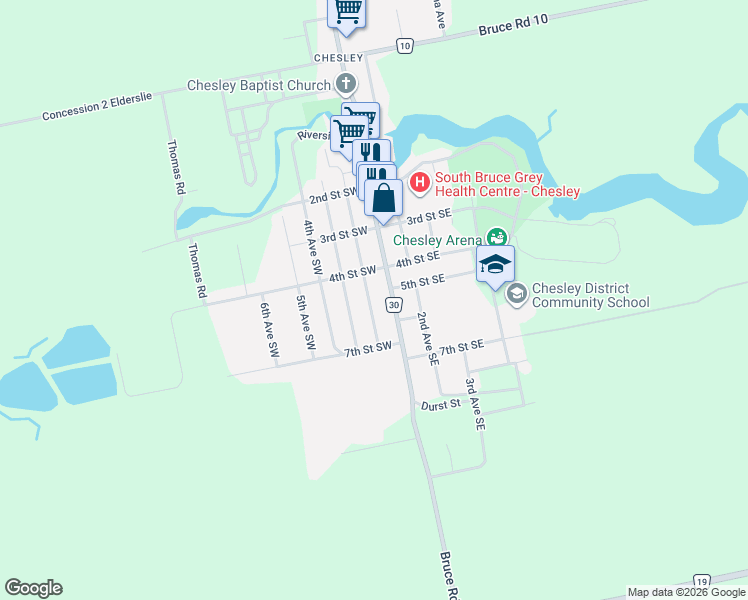 map of restaurants, bars, coffee shops, grocery stores, and more near 191 1st Avenue South in Chesley