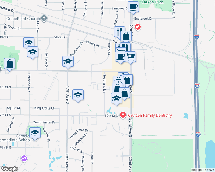 map of restaurants, bars, coffee shops, grocery stores, and more near 913 Southland Lane in Brookings