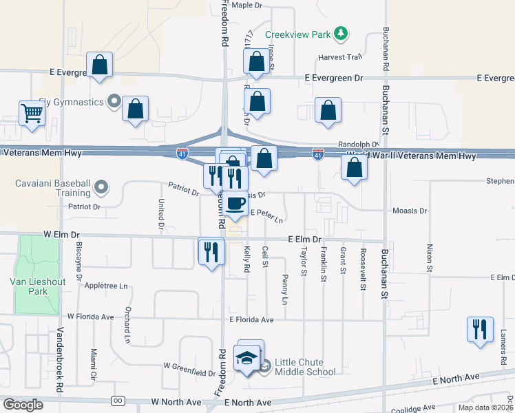 map of restaurants, bars, coffee shops, grocery stores, and more near 406 East Peter Lane in Little Chute