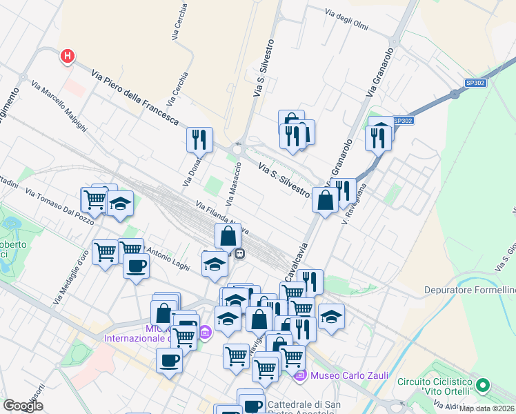 map of restaurants, bars, coffee shops, grocery stores, and more near 24 Via Melozzo da Forlì in Faenza