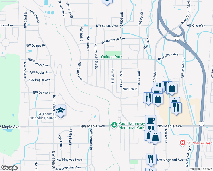 map of restaurants, bars, coffee shops, grocery stores, and more near 2080 Northwest 12th Street in Redmond