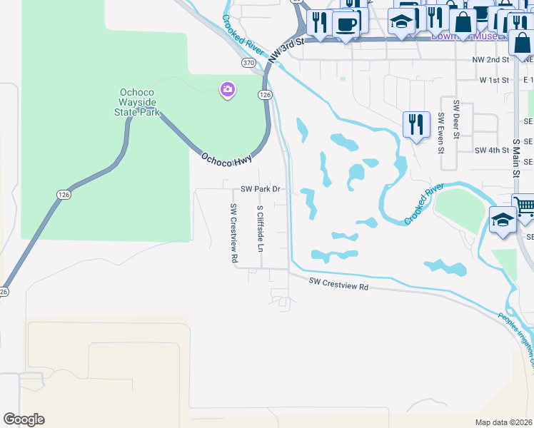 map of restaurants, bars, coffee shops, grocery stores, and more near 700 South Cliffside Lane in Prineville