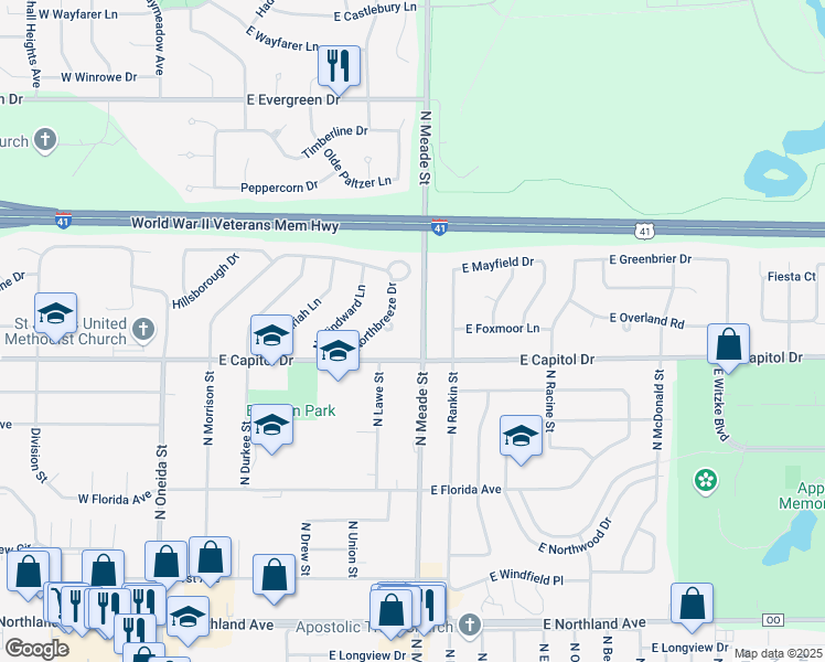 map of restaurants, bars, coffee shops, grocery stores, and more near 708 East Capitol Drive in Appleton