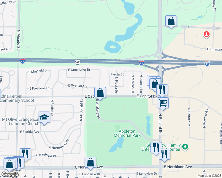 map of restaurants, bars, coffee shops, grocery stores, and more near 3401 North Fiesta Drive in Appleton