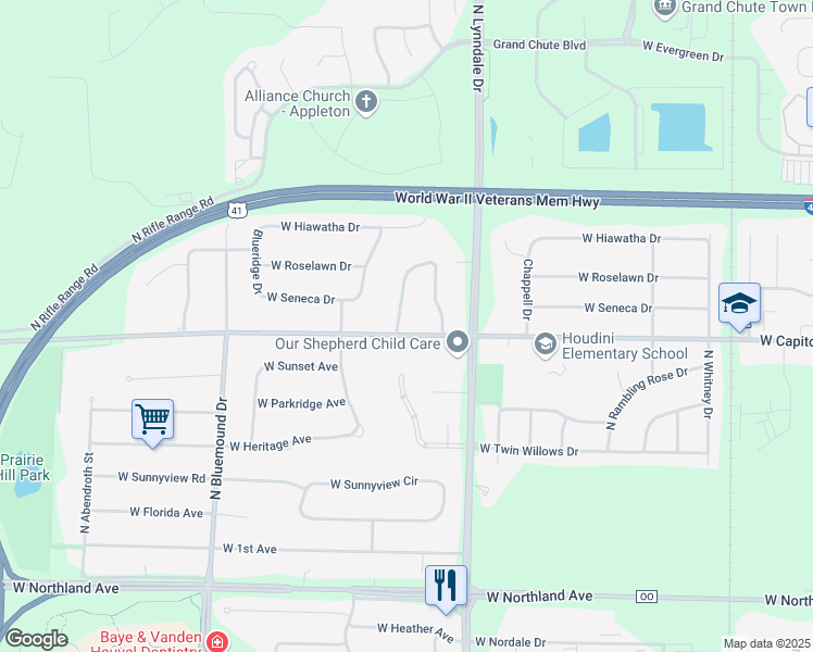 map of restaurants, bars, coffee shops, grocery stores, and more near 2707 West Capitol Drive in Appleton