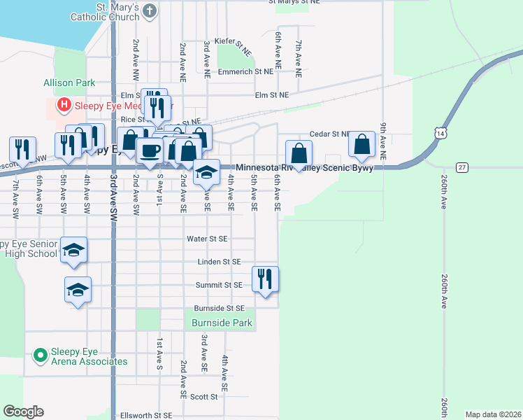 map of restaurants, bars, coffee shops, grocery stores, and more near 301 5th Avenue Northeast in Sleepy Eye