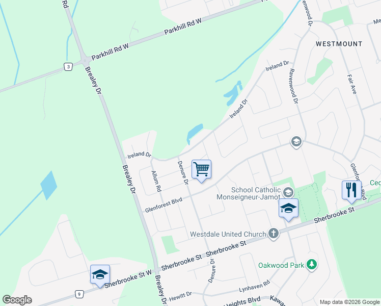 map of restaurants, bars, coffee shops, grocery stores, and more near 1542 Ireland Drive in Peterborough