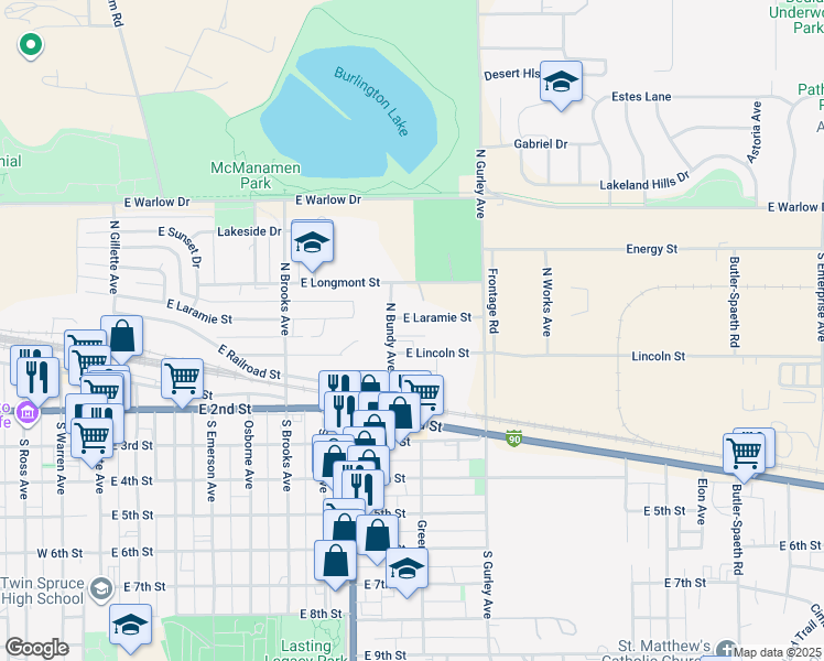 map of restaurants, bars, coffee shops, grocery stores, and more near 815 East Lincoln Street in Gillette