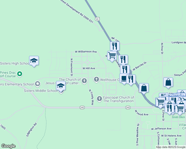 map of restaurants, bars, coffee shops, grocery stores, and more near 1255 McKinney Butte Road in Sisters