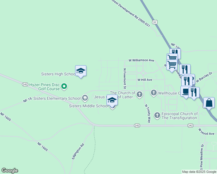 map of restaurants, bars, coffee shops, grocery stores, and more near 1717 West Hill Avenue in Sisters