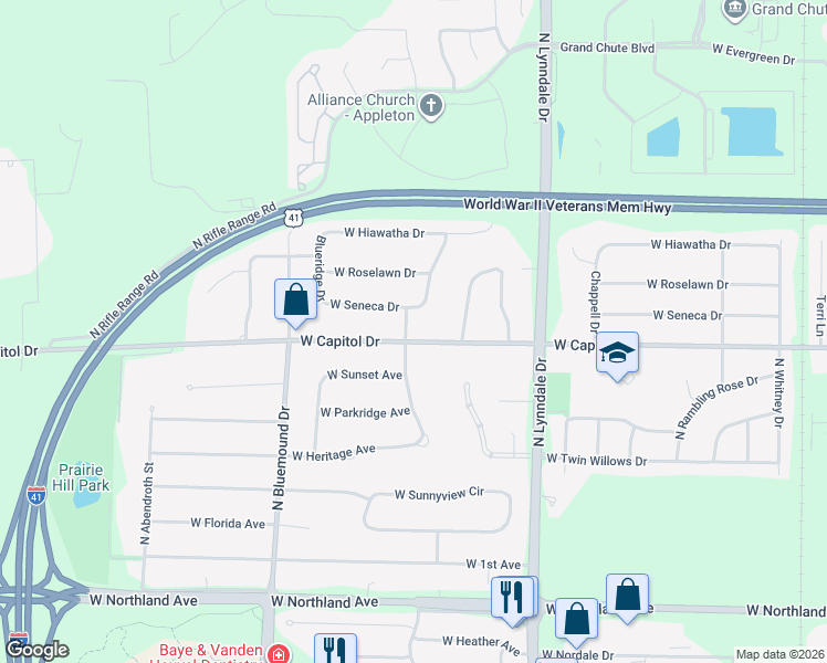 map of restaurants, bars, coffee shops, grocery stores, and more near 2805 West Capitol Drive in Appleton