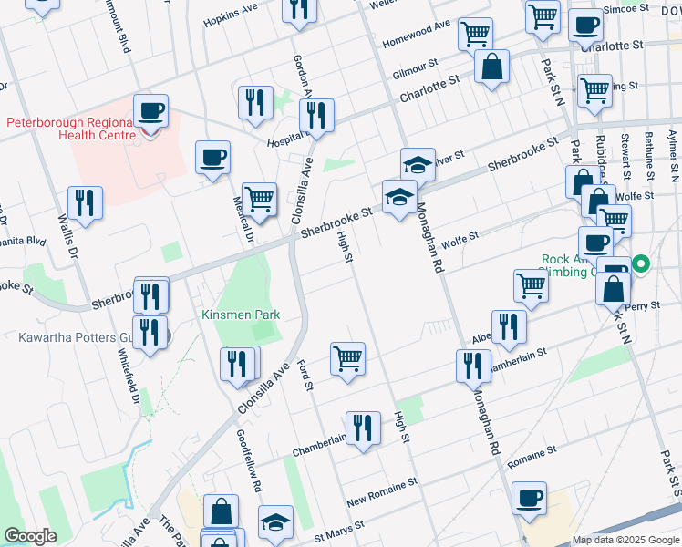 map of restaurants, bars, coffee shops, grocery stores, and more near in Peterborough