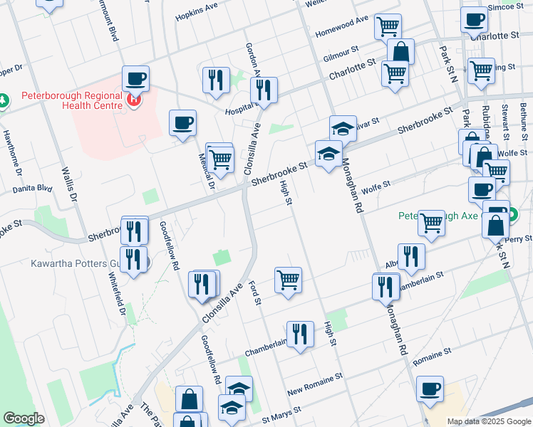 map of restaurants, bars, coffee shops, grocery stores, and more near in Peterborough